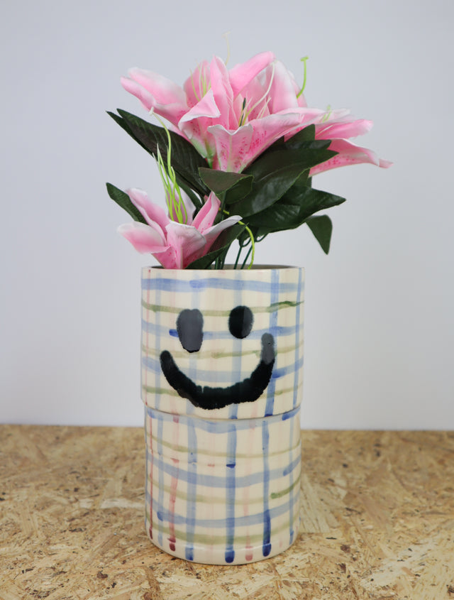 You are funny vase- green & blue grid