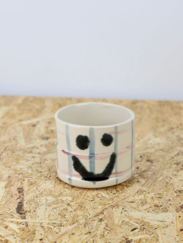 You are funny cup in blue and maroon grid